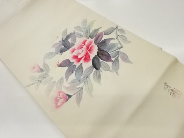 作家物　塩瀬手描き金彩牡丹模様名古屋帯